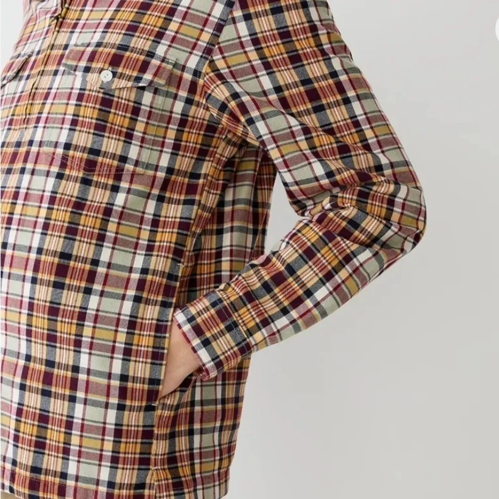 J. Crew Half Zip Pullon Shirt Jacket Large Yarn Dyed Cotton Canvas Plaid Pockets